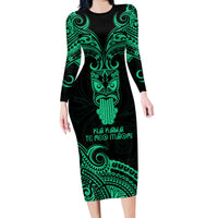 Personalised New Zealand Te Reo Maori Family Matching Long Sleeve Bodycon Dress and Hawaiian Shirt Kia Kaha Maori Language Week Green Style LT9 Mom's Dress Green - Polynesian Pride