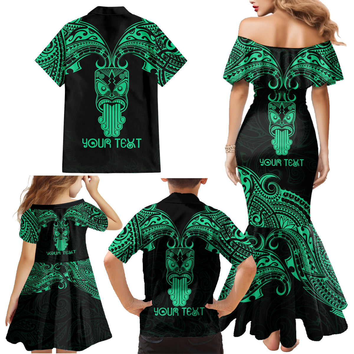Personalised New Zealand Te Reo Maori Family Matching Mermaid Dress and Hawaiian Shirt Kia Kaha Maori Language Week Green Style LT9 - Polynesian Pride