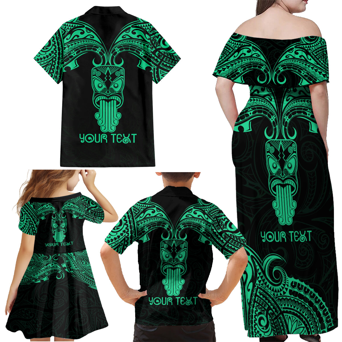 Personalised New Zealand Te Reo Maori Family Matching Off Shoulder Maxi Dress and Hawaiian Shirt Kia Kaha Maori Language Week Green Style LT9 - Polynesian Pride