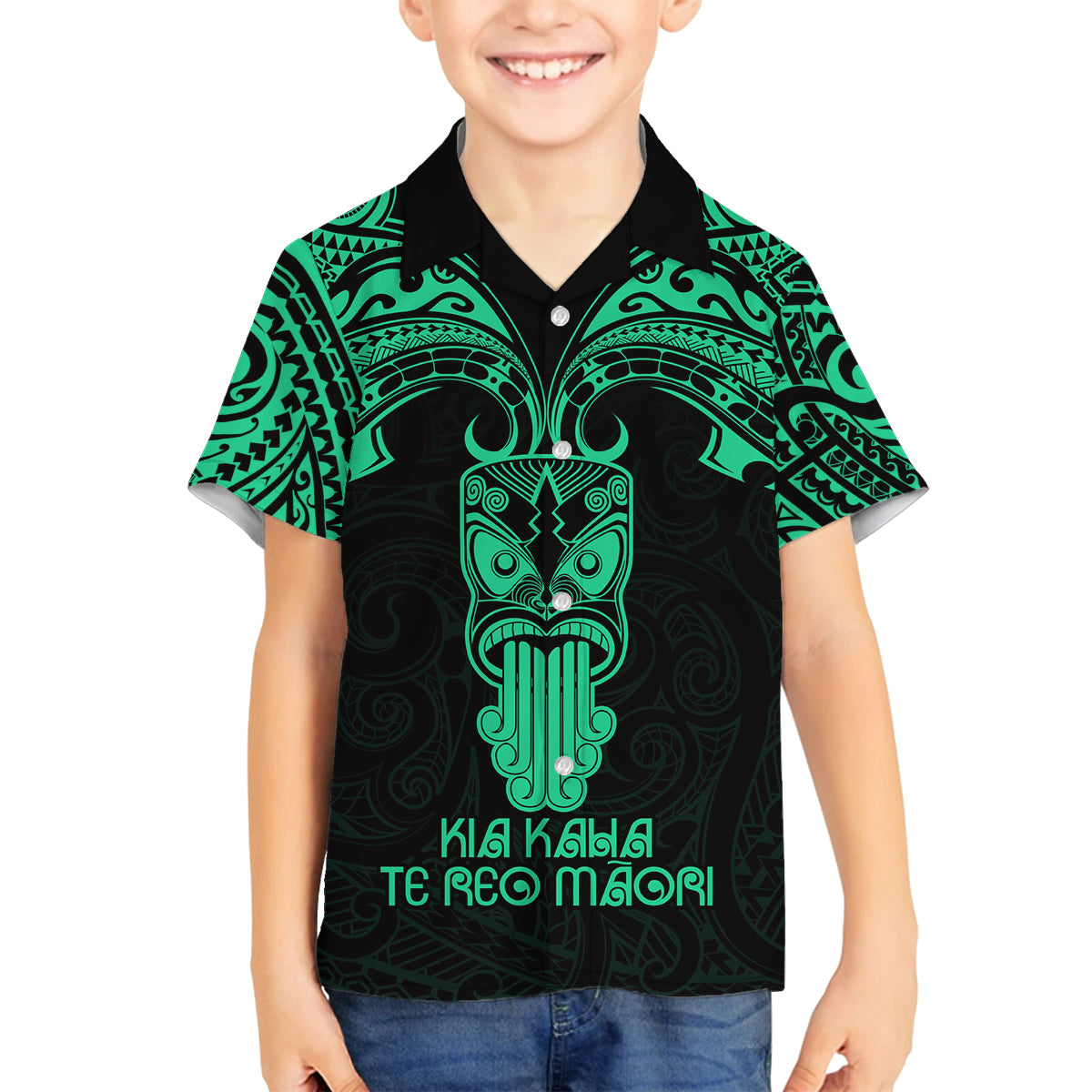 Personalised New Zealand Te Reo Maori Family Matching Off Shoulder Short Dress and Hawaiian Shirt Kia Kaha Maori Language Week Green Style LT9 Son's Shirt Green - Polynesian Pride