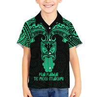 Personalised New Zealand Te Reo Maori Family Matching Puletasi Dress and Hawaiian Shirt Kia Kaha Maori Language Week Green Style LT9 Son's Shirt Green - Polynesian Pride