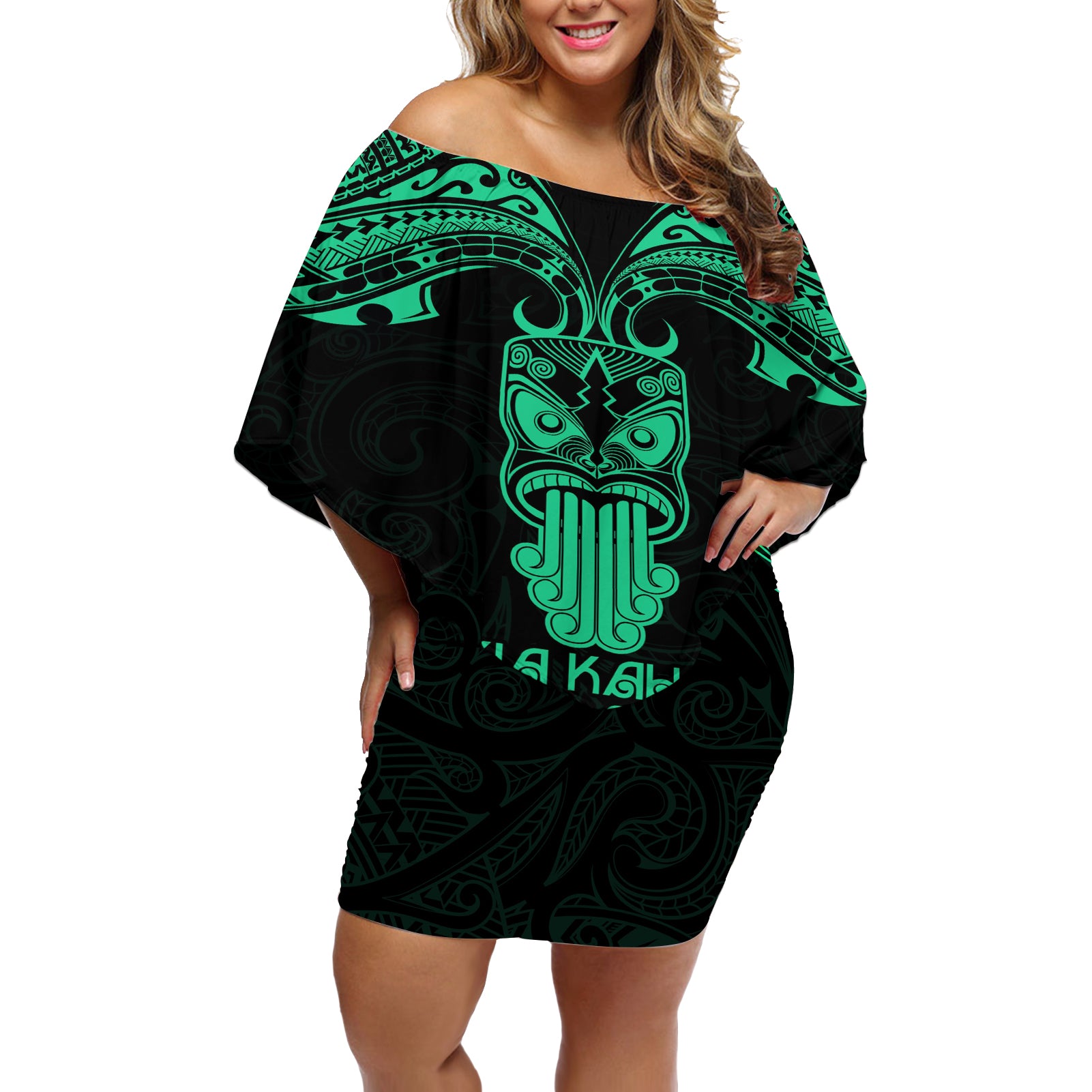 Personalised New Zealand Te Reo Maori Off Shoulder Short Dress Kia Kaha Maori Language Week Green Style LT9 Women Green - Polynesian Pride