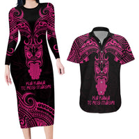 Personalised New Zealand Te Reo Maori Couples Matching Long Sleeve Bodycon Dress and Hawaiian Shirt Kia Kaha Maori Language Week Pink Style LT9 Pink - Polynesian Pride