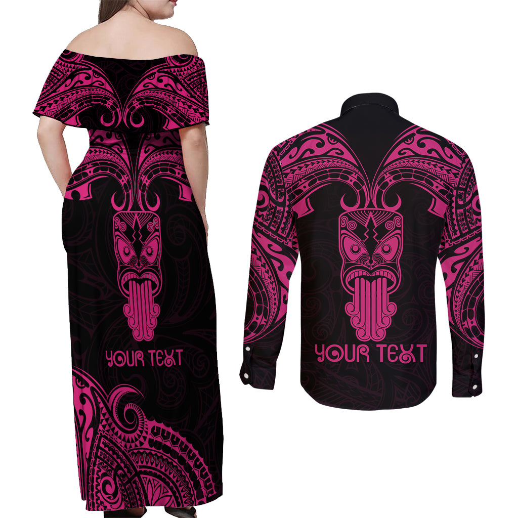 Personalised New Zealand Te Reo Maori Couples Matching Off Shoulder Maxi Dress and Long Sleeve Button Shirts Kia Kaha Maori Language Week Pink Style LT9 - Polynesian Pride