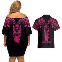 Personalised New Zealand Te Reo Maori Couples Matching Off Shoulder Short Dress and Hawaiian Shirt Kia Kaha Maori Language Week Pink Style LT9 - Polynesian Pride