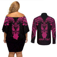 Personalised New Zealand Te Reo Maori Couples Matching Off Shoulder Short Dress and Long Sleeve Button Shirts Kia Kaha Maori Language Week Pink Style LT9 - Polynesian Pride