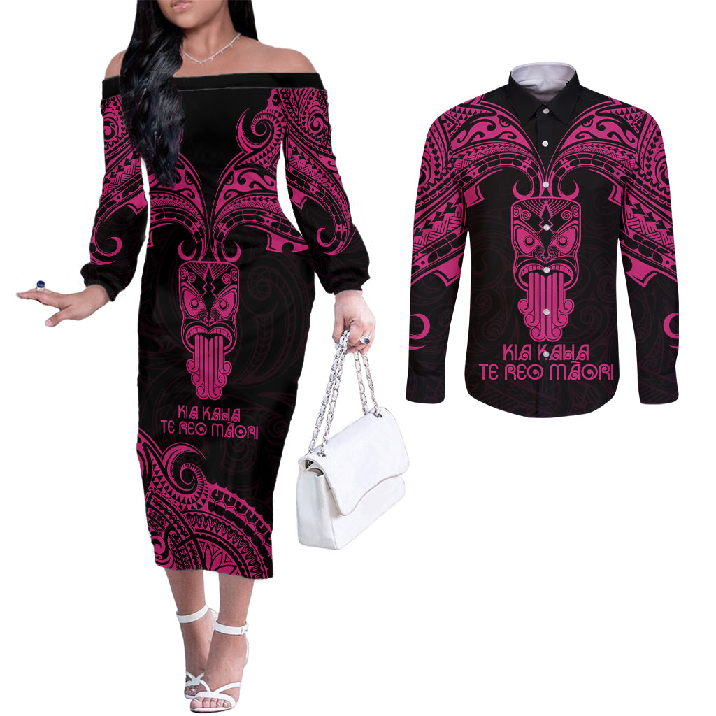 Personalised New Zealand Te Reo Maori Couples Matching Off The Shoulder Long Sleeve Dress and Long Sleeve Button Shirts Kia Kaha Maori Language Week Pink Style LT9 Pink - Polynesian Pride