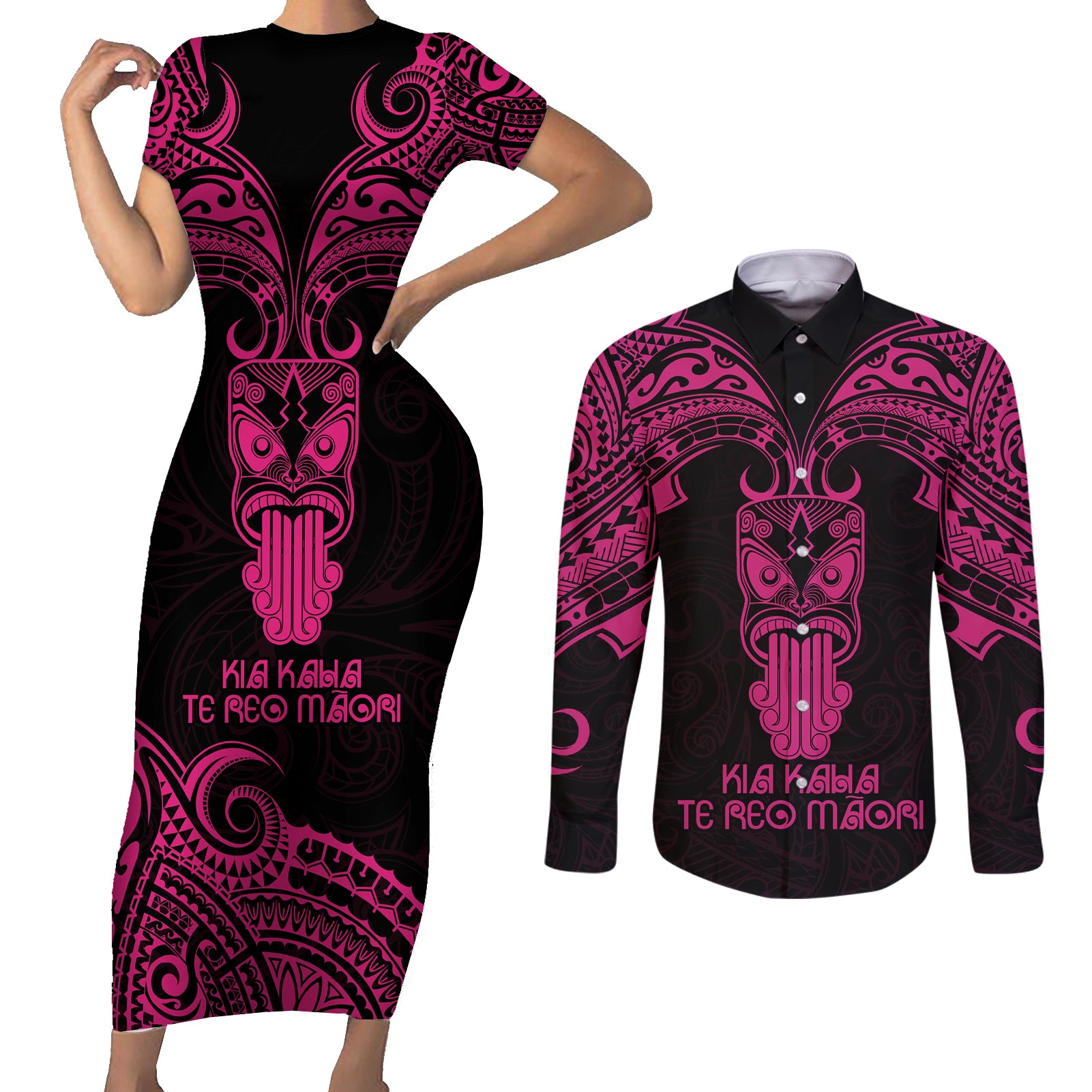 Personalised New Zealand Te Reo Maori Couples Matching Short Sleeve Bodycon Dress and Long Sleeve Button Shirts Kia Kaha Maori Language Week Pink Style LT9 Pink - Polynesian Pride