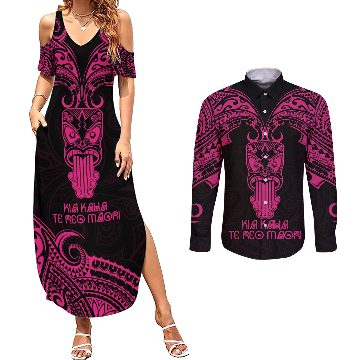 Personalised New Zealand Te Reo Maori Couples Matching Summer Maxi Dress and Long Sleeve Button Shirts Kia Kaha Maori Language Week Pink Style LT9 Pink - Polynesian Pride