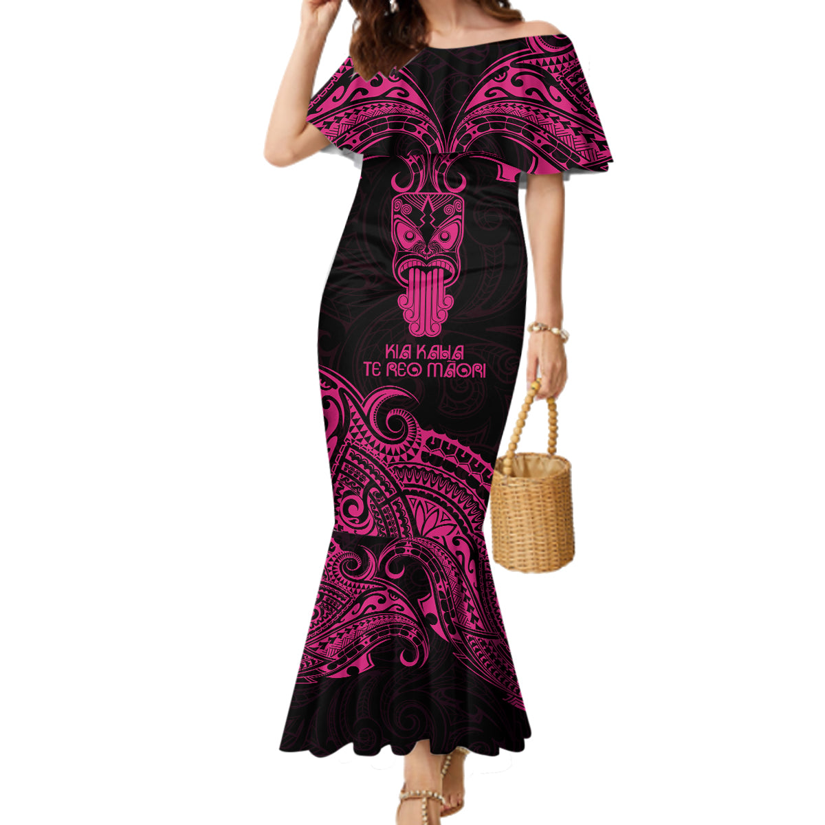 Personalised New Zealand Te Reo Maori Family Matching Mermaid Dress and Hawaiian Shirt Kia Kaha Maori Language Week Pink Style LT9 Mom's Dress Pink - Polynesian Pride