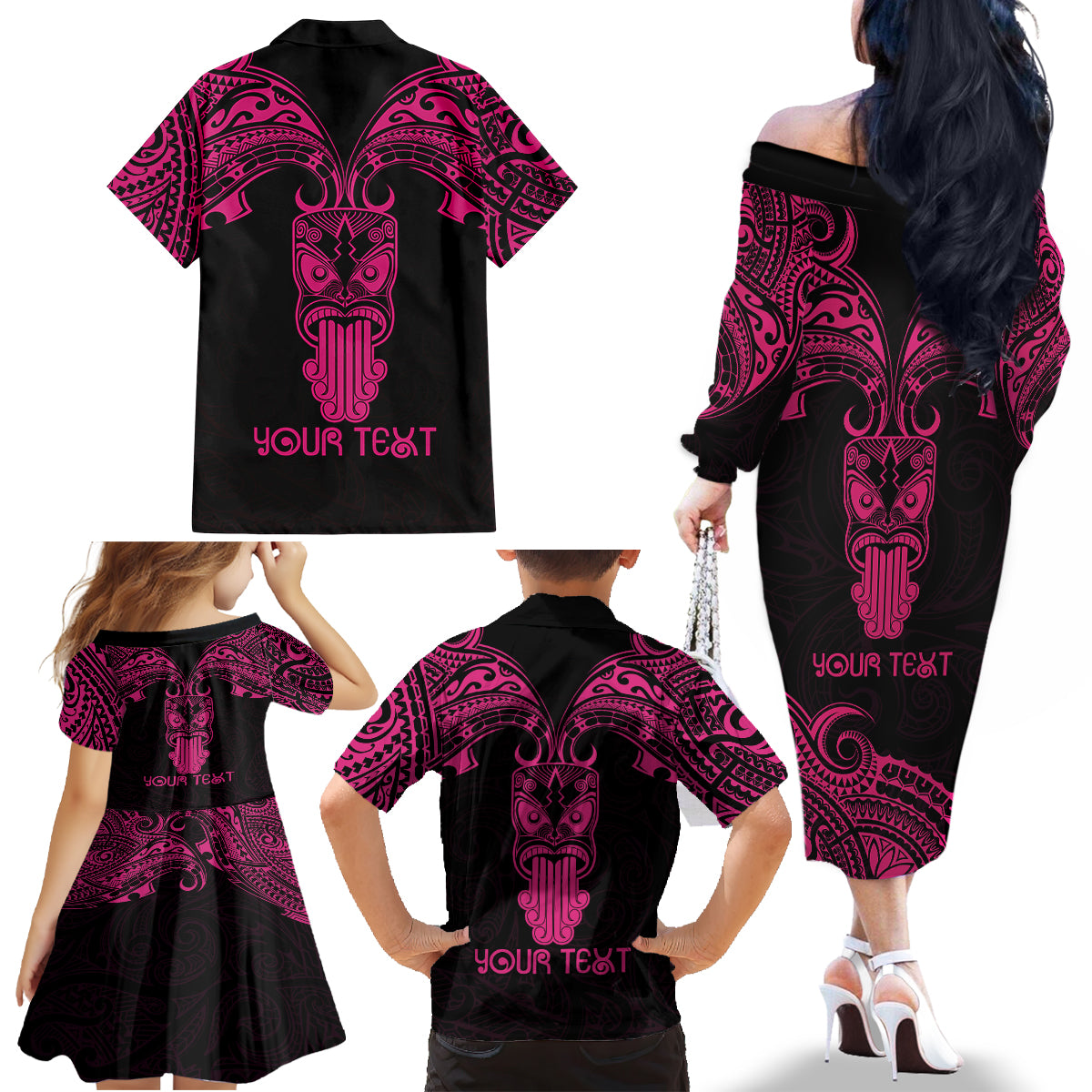 Personalised New Zealand Te Reo Maori Family Matching Off Shoulder Long Sleeve Dress and Hawaiian Shirt Kia Kaha Maori Language Week Pink Style LT9 - Polynesian Pride