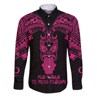 Personalised New Zealand Te Reo Maori Family Matching Off Shoulder Long Sleeve Dress and Hawaiian Shirt Kia Kaha Maori Language Week Pink Style LT9 Dad's Shirt - Long Sleeve Pink - Polynesian Pride
