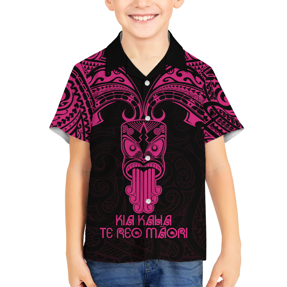 Personalised New Zealand Te Reo Maori Family Matching Off Shoulder Long Sleeve Dress and Hawaiian Shirt Kia Kaha Maori Language Week Pink Style LT9 Son's Shirt Pink - Polynesian Pride
