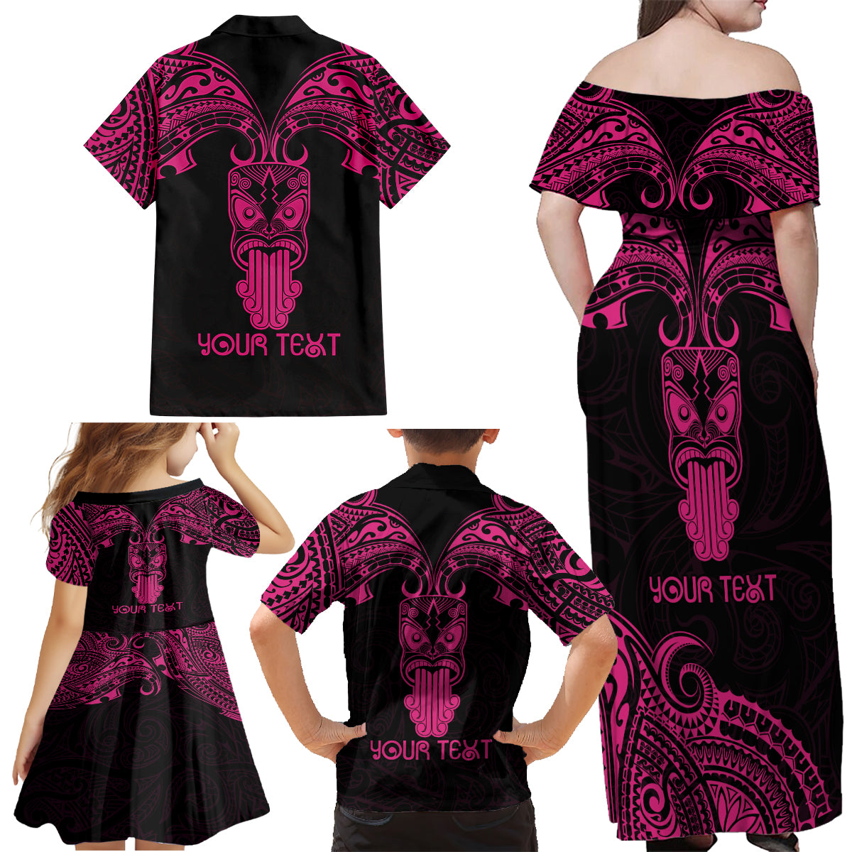 Personalised New Zealand Te Reo Maori Family Matching Off Shoulder Maxi Dress and Hawaiian Shirt Kia Kaha Maori Language Week Pink Style LT9 - Polynesian Pride