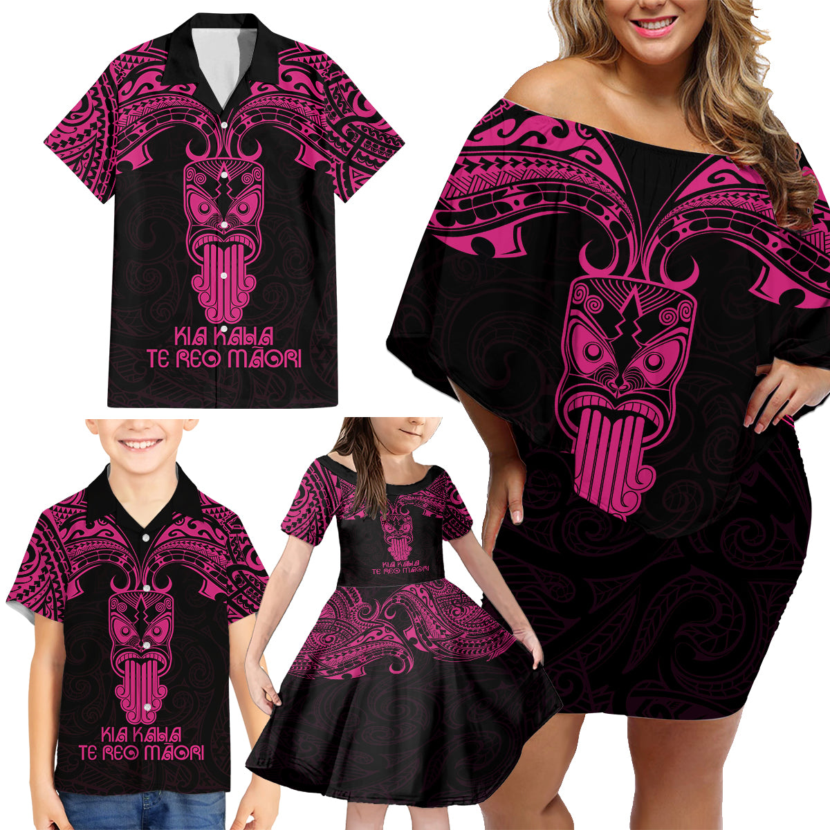 Personalised New Zealand Te Reo Maori Family Matching Off Shoulder Short Dress and Hawaiian Shirt Kia Kaha Maori Language Week Pink Style LT9 - Polynesian Pride