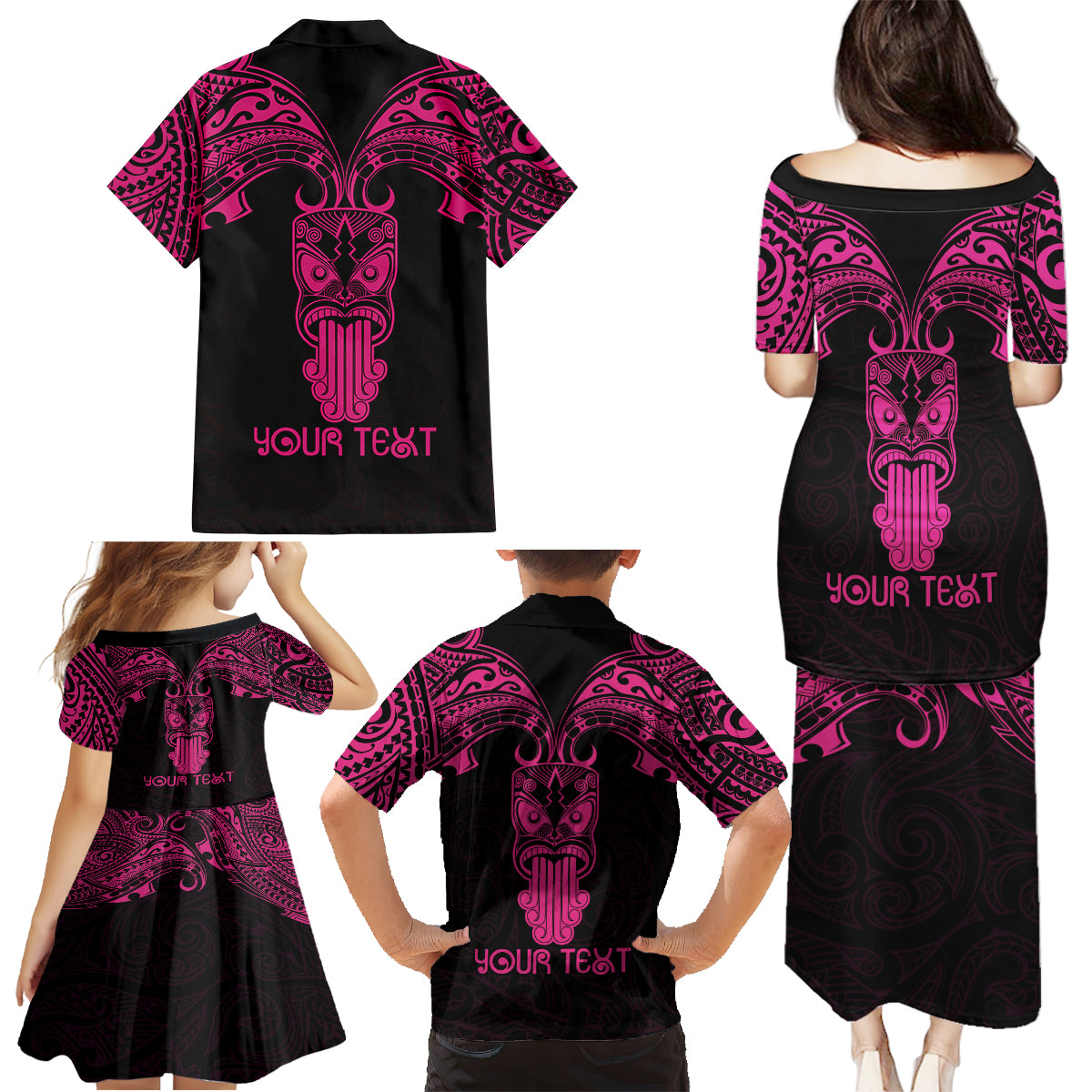 Personalised New Zealand Te Reo Maori Family Matching Puletasi Dress and Hawaiian Shirt Kia Kaha Maori Language Week Pink Style LT9 - Polynesian Pride