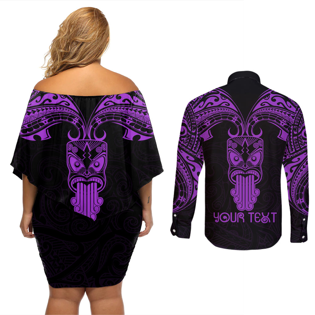 Personalised New Zealand Te Reo Maori Couples Matching Off Shoulder Short Dress and Long Sleeve Button Shirts Kia Kaha Maori Language Week Purple Style LT9 - Polynesian Pride