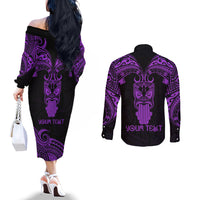 Personalised New Zealand Te Reo Maori Couples Matching Off The Shoulder Long Sleeve Dress and Long Sleeve Button Shirts Kia Kaha Maori Language Week Purple Style LT9 - Polynesian Pride