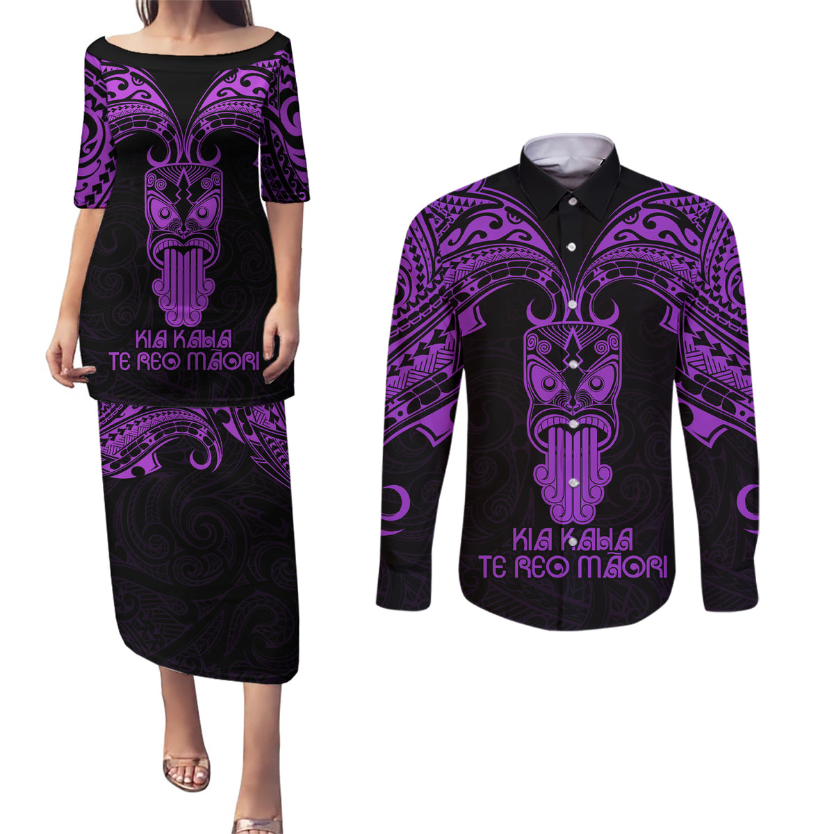 Personalised New Zealand Te Reo Maori Couples Matching Puletasi Dress and Long Sleeve Button Shirts Kia Kaha Maori Language Week Purple Style LT9 Purple - Polynesian Pride