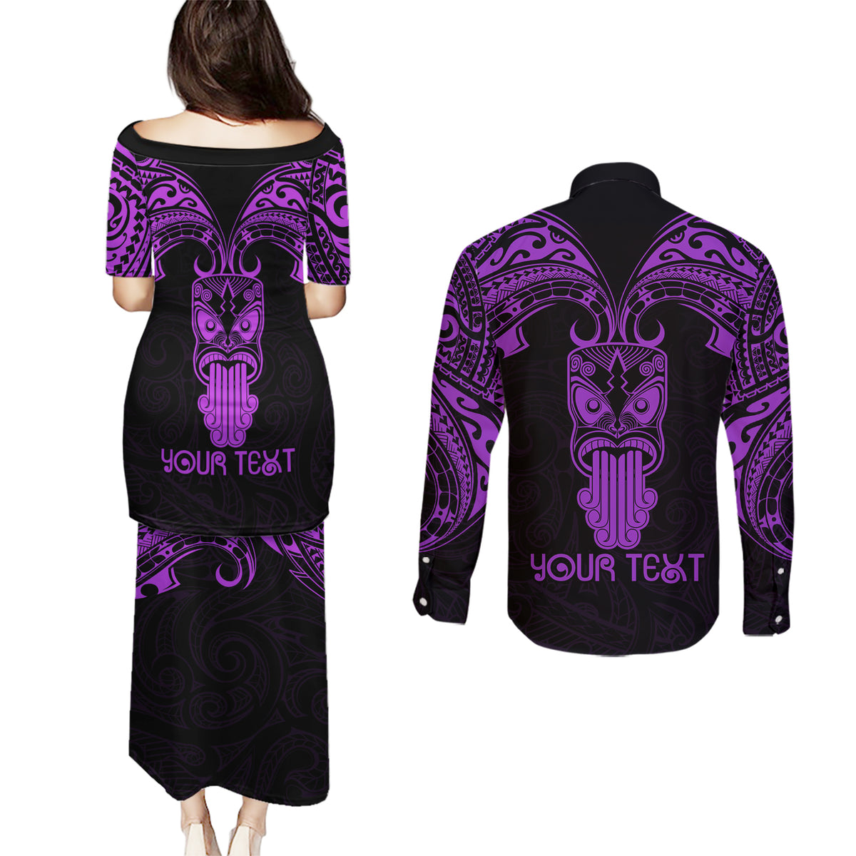 Personalised New Zealand Te Reo Maori Couples Matching Puletasi Dress and Long Sleeve Button Shirts Kia Kaha Maori Language Week Purple Style LT9 - Polynesian Pride