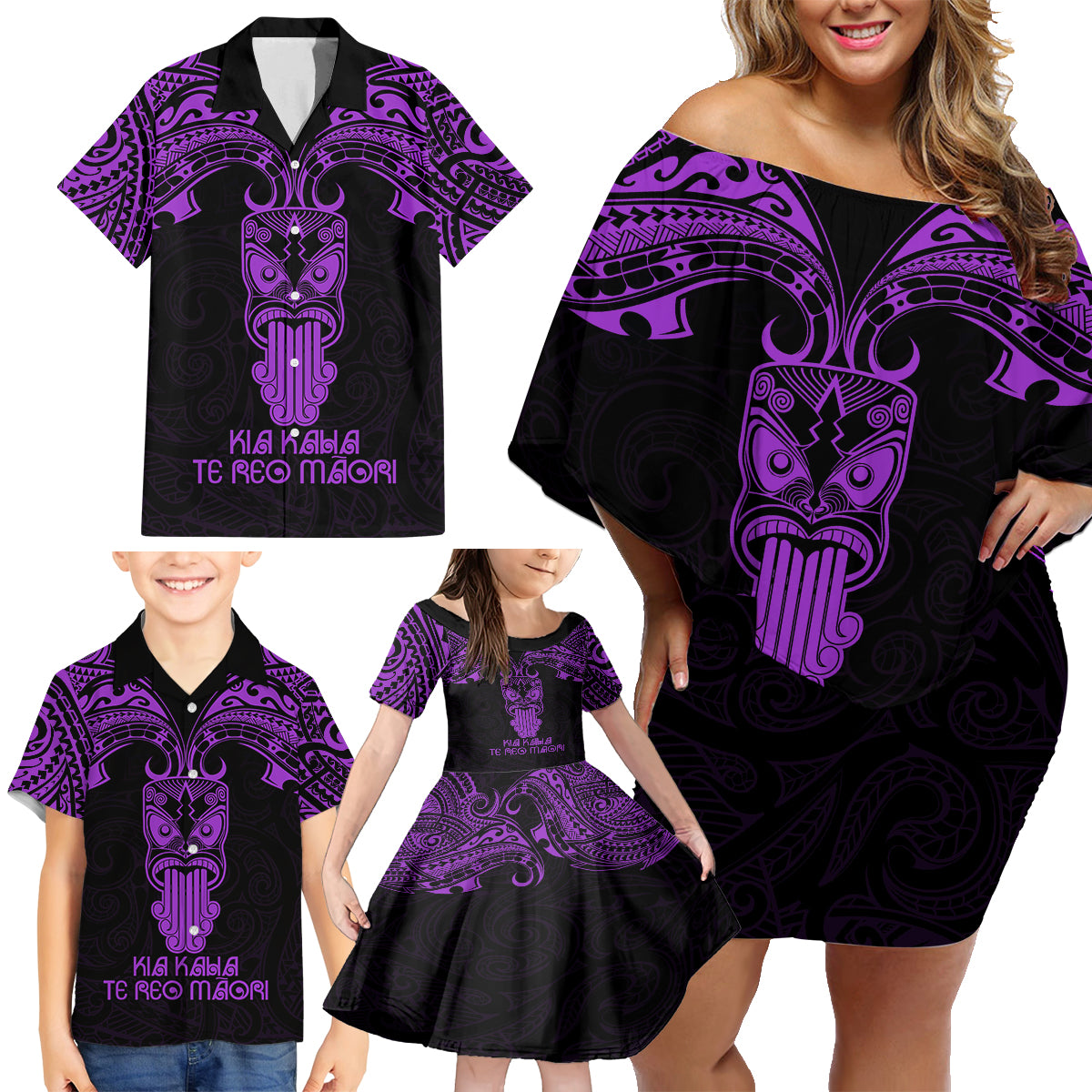 Personalised New Zealand Te Reo Maori Family Matching Off Shoulder Short Dress and Hawaiian Shirt Kia Kaha Maori Language Week Purple Style LT9 - Polynesian Pride