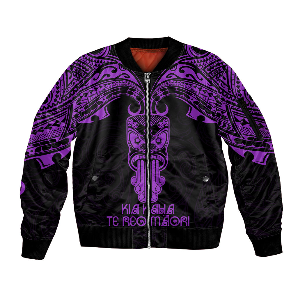 Personalised New Zealand Te Reo Maori Sleeve Zip Bomber Jacket Kia Kaha Maori Language Week Purple Style LT9 Unisex Purple - Polynesian Pride