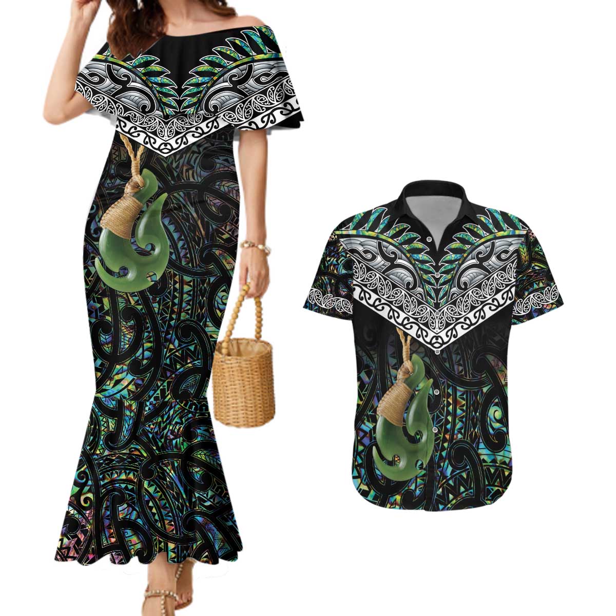 Personalised Maori Manaia Couples Matching Mermaid Dress and Hawaiian Shirt New Zealand Tribal Hei Matau Papua Shell LT9 Green - Polynesian Pride
