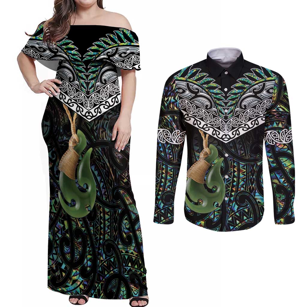 Personalised Maori Manaia Couples Matching Off Shoulder Maxi Dress and Long Sleeve Button Shirt New Zealand Tribal Hei Matau Papua Shell LT9 Green - Polynesian Pride