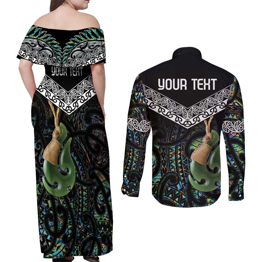 Personalised Maori Manaia Couples Matching Off Shoulder Maxi Dress and Long Sleeve Button Shirt New Zealand Tribal Hei Matau Papua Shell LT9 - Polynesian Pride