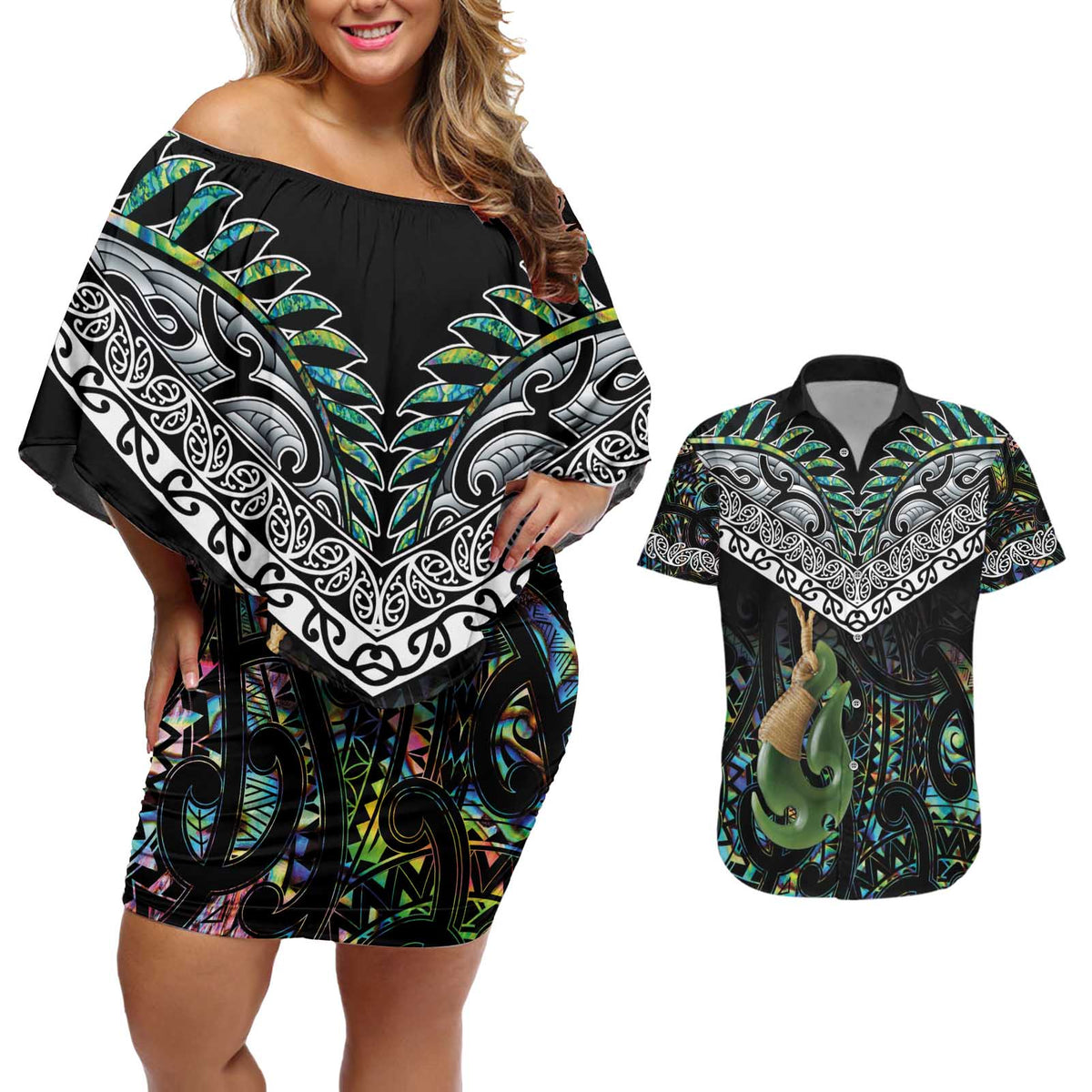 Personalised Maori Manaia Couples Matching Off Shoulder Short Dress and Hawaiian Shirt New Zealand Tribal Hei Matau Papua Shell LT9 Green - Polynesian Pride