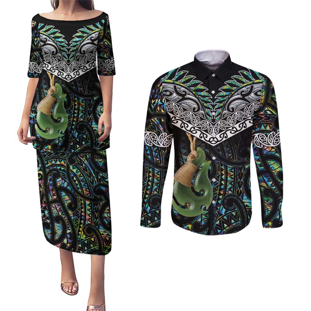 Personalised Maori Manaia Couples Matching Puletasi and Long Sleeve Button Shirt New Zealand Tribal Hei Matau Papua Shell LT9 Green - Polynesian Pride
