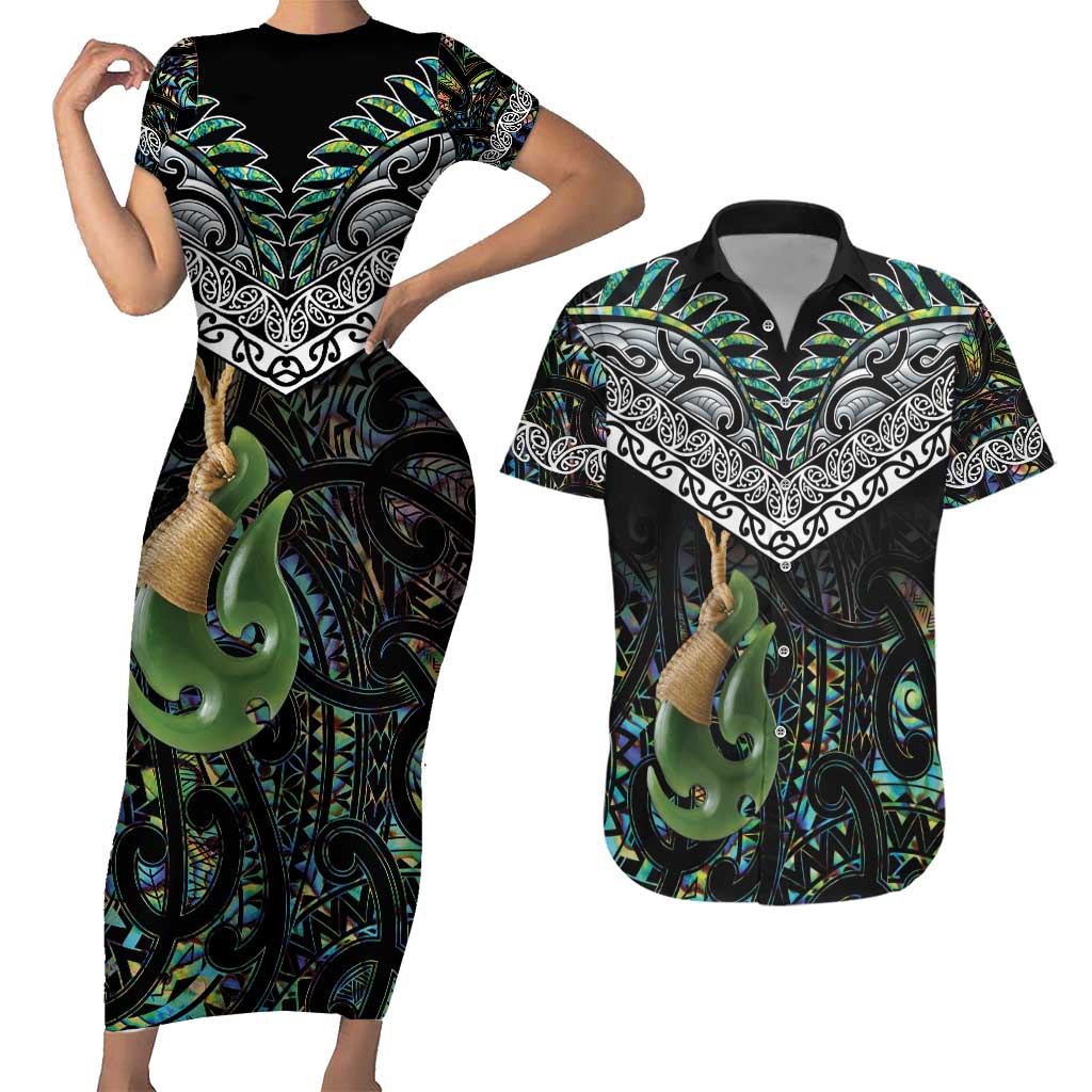 Personalised Maori Manaia Couples Matching Short Sleeve Bodycon Dress and Hawaiian Shirt New Zealand Tribal Hei Matau Papua Shell