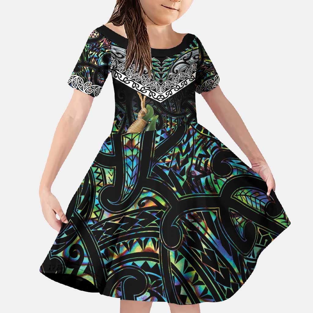 Personalised Maori Manaia Family Matching Long Sleeve Bodycon Dress and Hawaiian Shirt New Zealand Tribal Hei Matau Papua Shell LT9 Daughter's Dress Green - Polynesian Pride