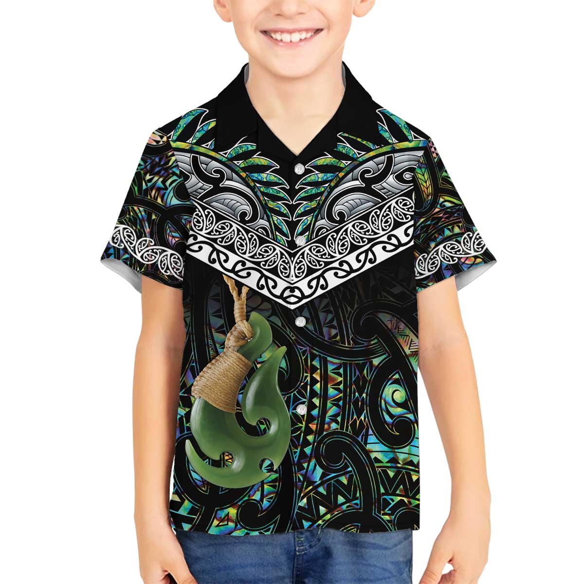 Personalised Maori Manaia Family Matching Puletasi and Hawaiian Shirt New Zealand Tribal Hei Matau Papua Shell LT9 Son's Shirt Green - Polynesian Pride