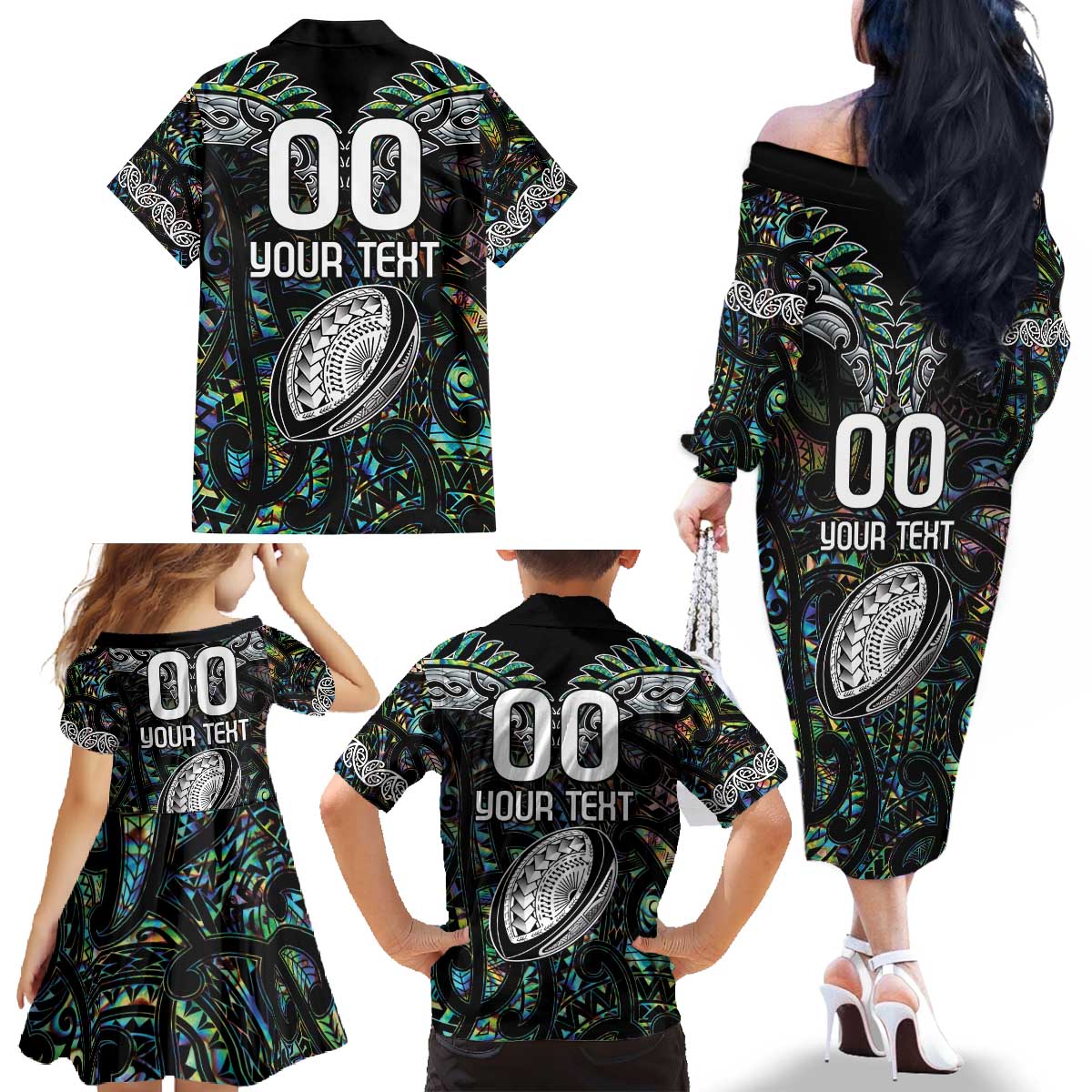 Custom New Zealand Family Matching Off The Shoulder Long Sleeve Dress and Hawaiian Shirt Maori Rugby Tattoo Papua Shell