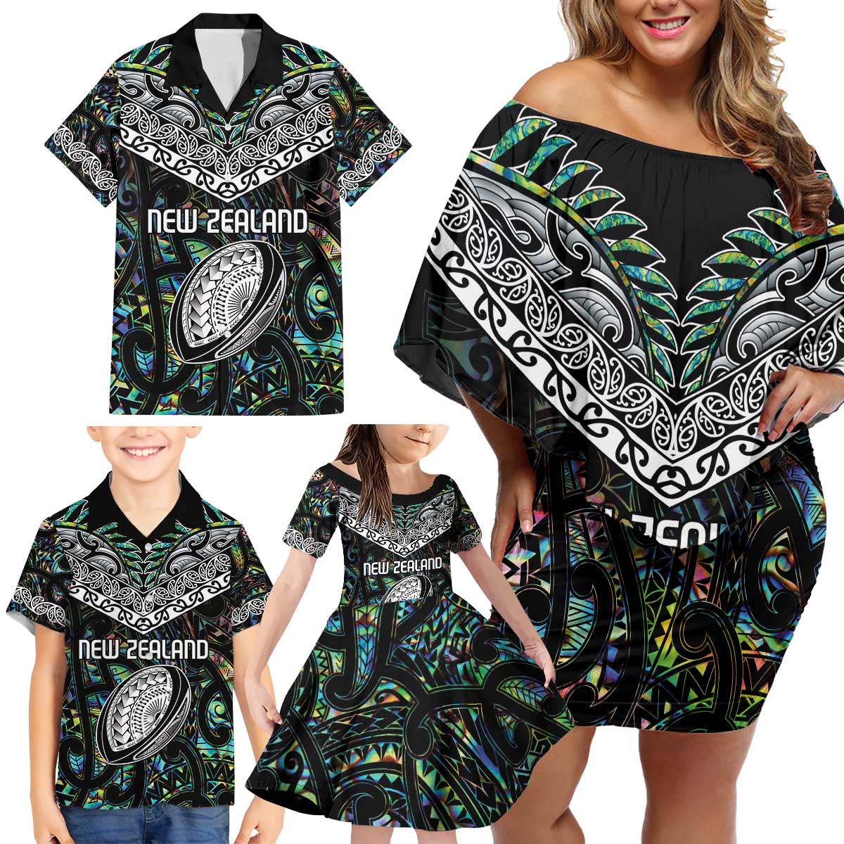 Custom New Zealand Family Matching Off Shoulder Short Dress and Hawaiian Shirt Maori Rugby Tattoo Papua Shell