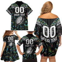 Custom New Zealand Family Matching Off Shoulder Short Dress and Hawaiian Shirt Maori Rugby Tattoo Papua Shell