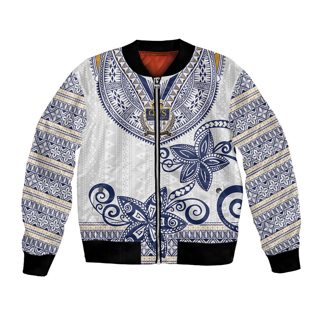 Fiji Queen Victoria School Personalised Bomber Jacket QVS 120 Years Queen Victoria Alumni Legacy LT9 Unisex White - Polynesian Pride