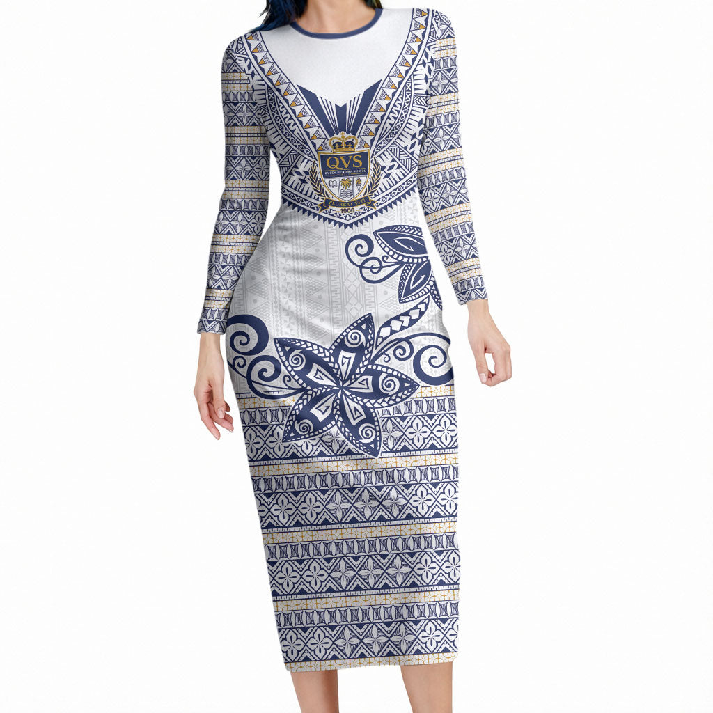 Fiji Queen Victoria School Personalised Long Sleeve Bodycon Dress QVS 120 Years Queen Victoria Alumni Legacy LT9 Long Dress White - Polynesian Pride