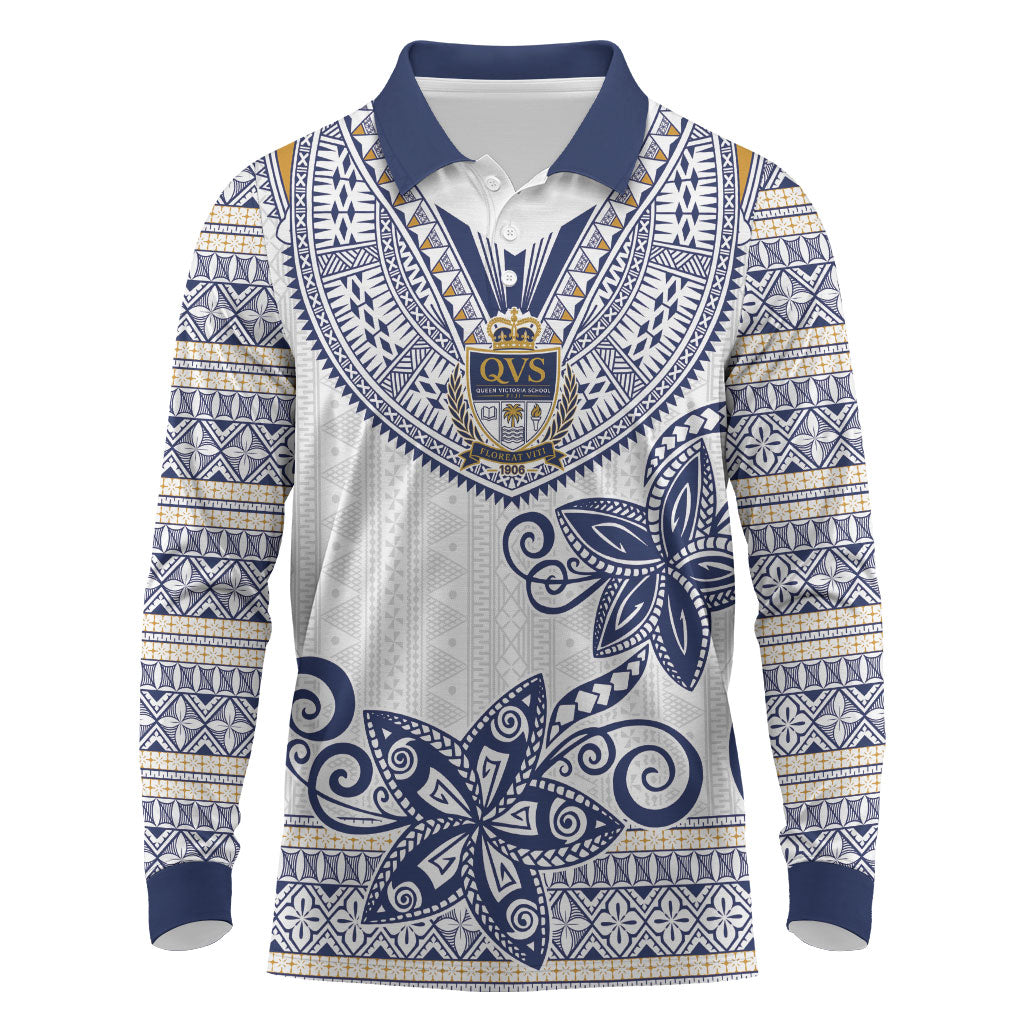 Fiji Queen Victoria School Personalised Long Sleeve Polo Shirt QVS 120 Years Queen Victoria Alumni Legacy LT9 White - Polynesian Pride