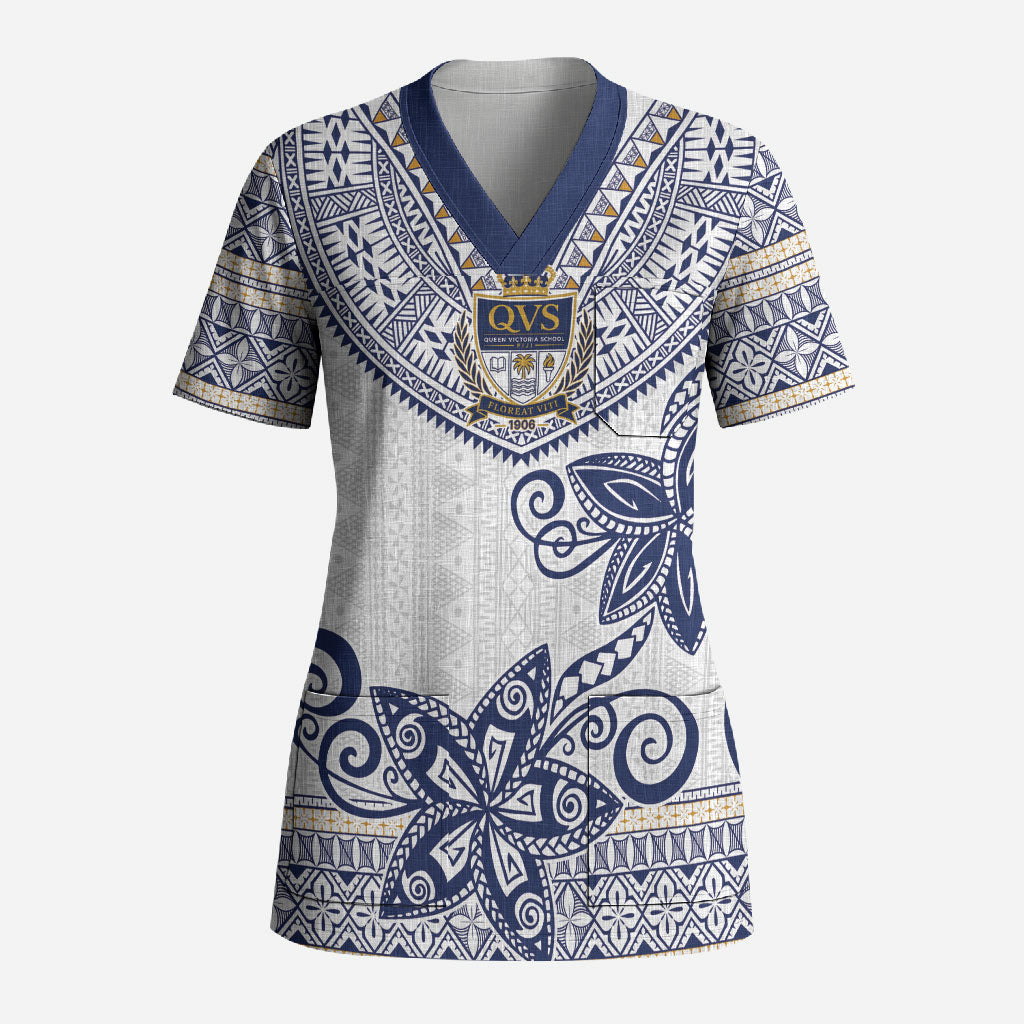Fiji Queen Victoria School Personalised Scrub Top QVS 120 Years Queen Victoria Alumni Legacy LT9 Adult White - Polynesian Pride