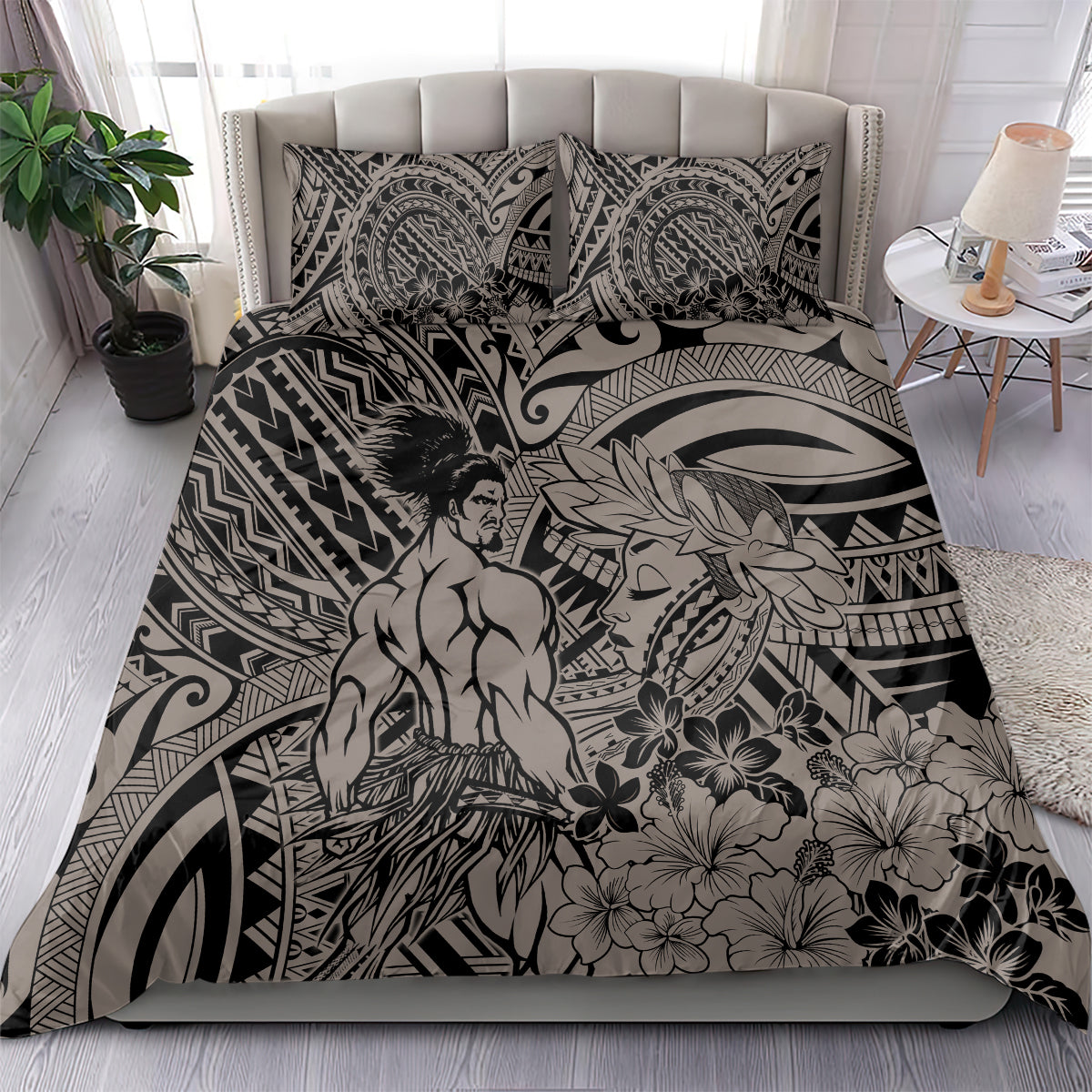 Beauty and The Warrior Polynesian Valentine Bedding Set Hibiscus FLowers Brown Style LT9 - Polynesian Pride