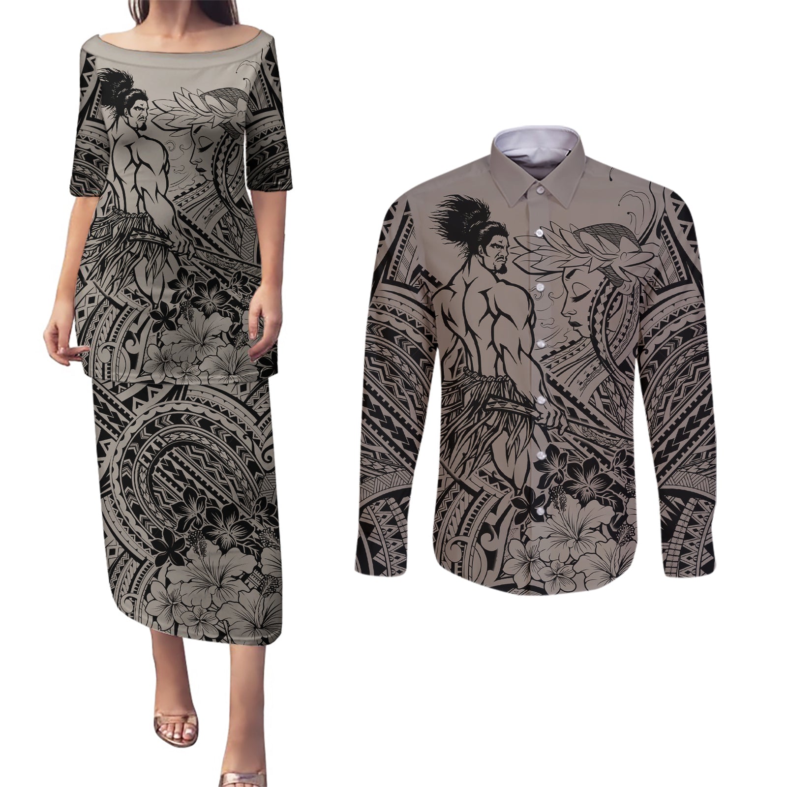 Beauty and The Warrior Polynesian Valentine Couples Matching Puletasi Dress and Long Sleeve Button Shirt Hibiscus FLowers Brown Style LT9 Brown - Polynesian Pride