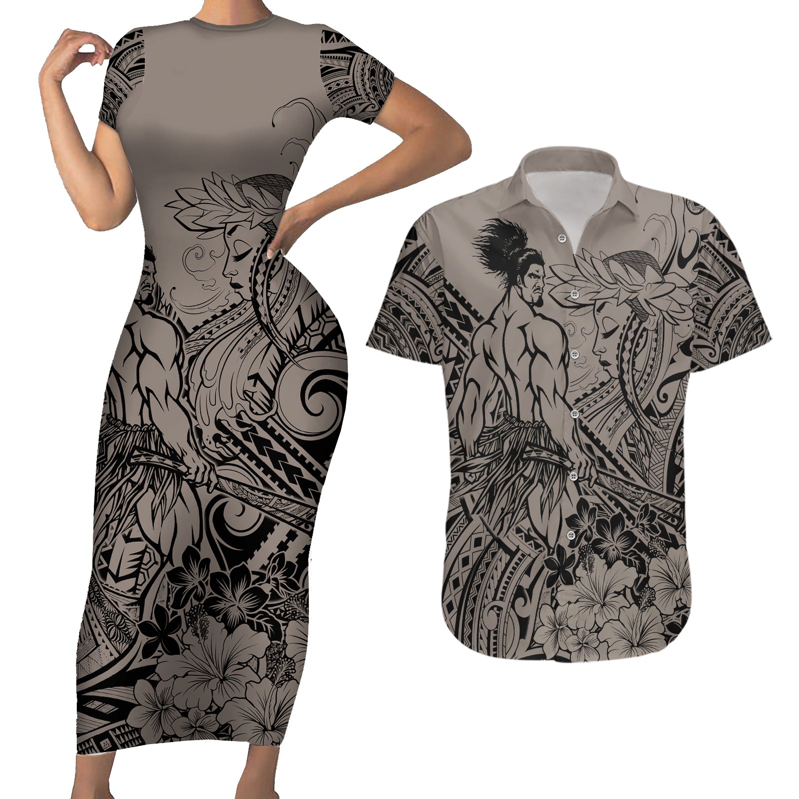 Beauty and The Warrior Polynesian Valentine Couples Matching Short Sleeve Bodycon Dress and Hawaiian Shirt Hibiscus FLowers Brown Style LT9 Brown - Polynesian Pride