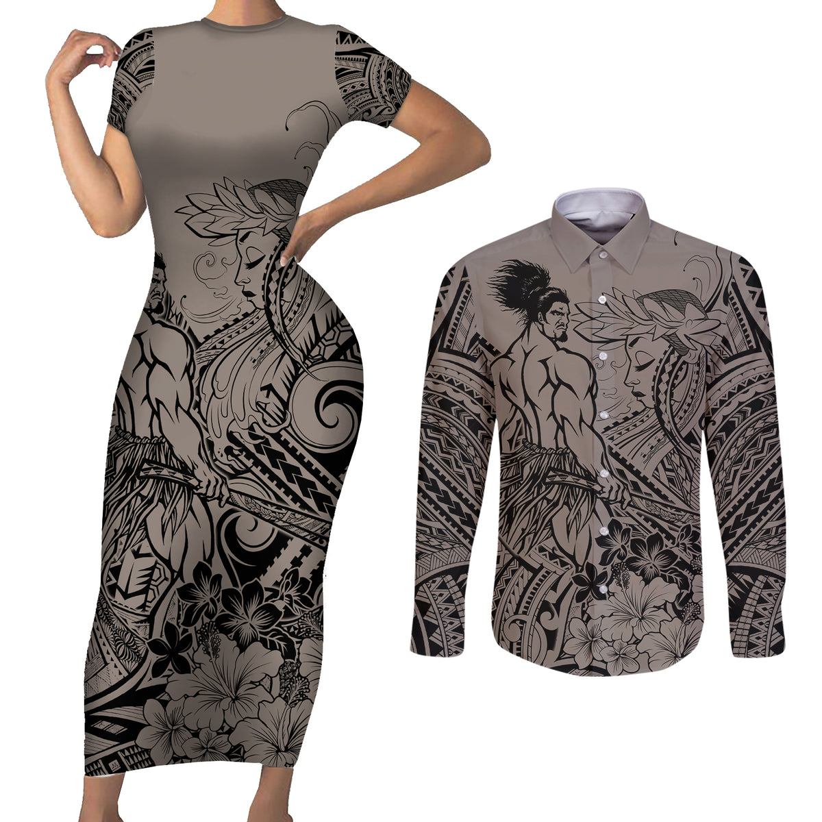 Beauty and The Warrior Polynesian Valentine Couples Matching Short Sleeve Bodycon Dress and Long Sleeve Button Shirt Hibiscus FLowers Brown Style LT9 Brown - Polynesian Pride