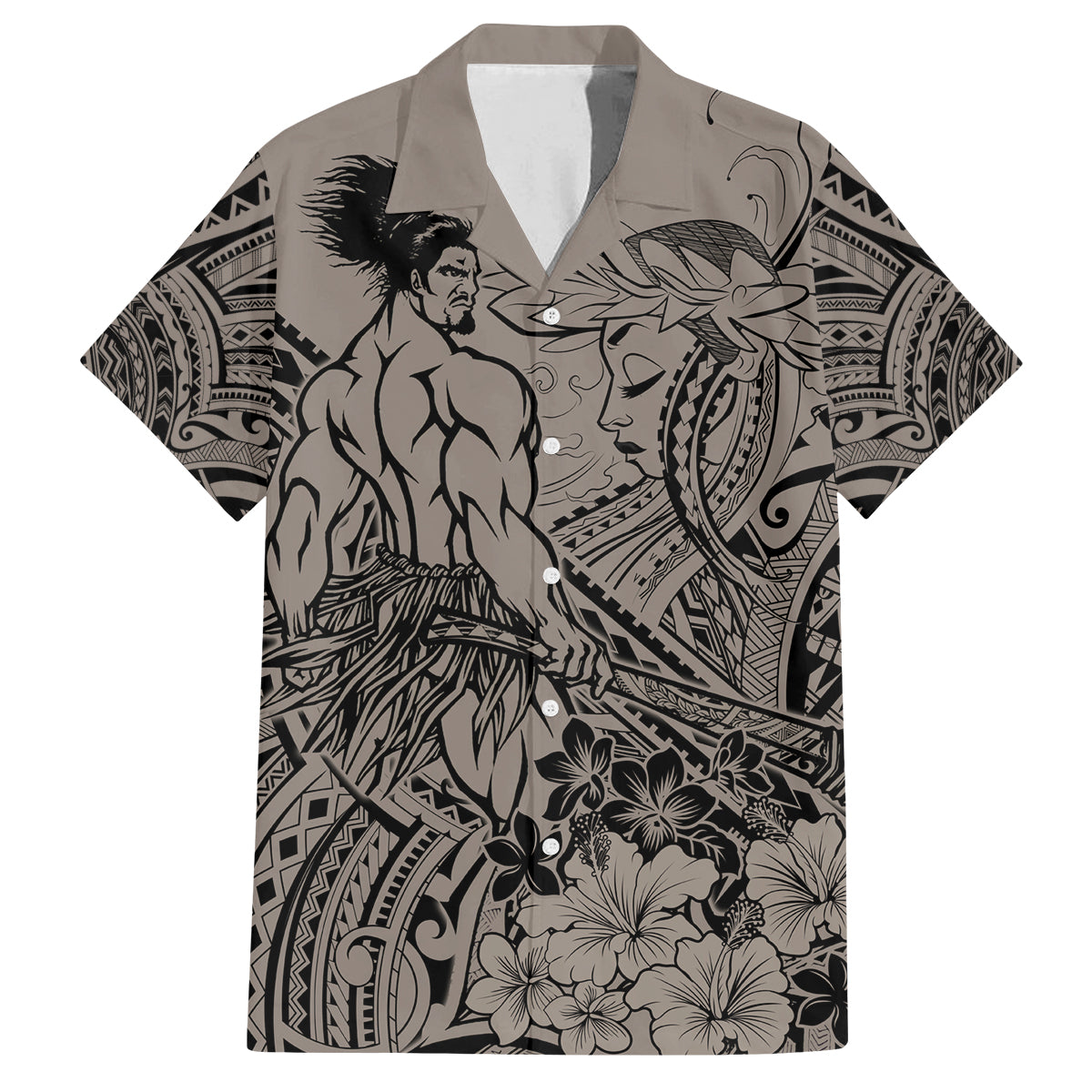Beauty and The Warrior Polynesian Valentine Family Matching Off Shoulder Long Sleeve Dress and Hawaiian Shirt Hibiscus FLowers Brown Style LT9 Dad's Shirt - Short Sleeve Brown - Polynesian Pride