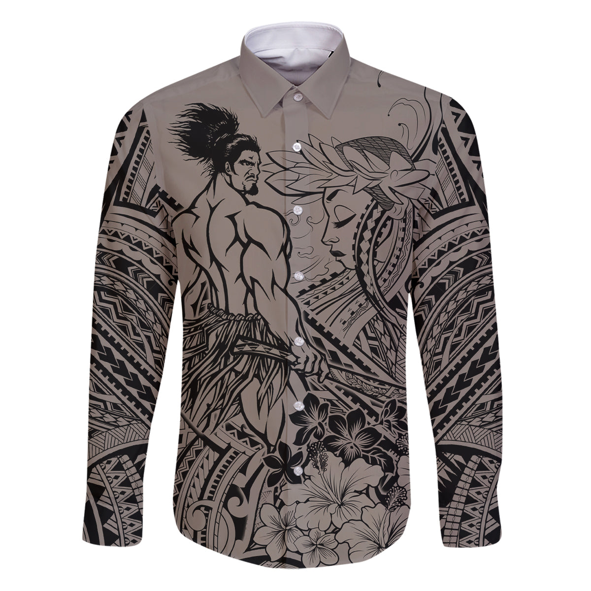 Beauty and The Warrior Polynesian Valentine Family Matching Puletasi Dress and Hawaiian Shirt Hibiscus FLowers Brown Style LT9 Dad's Shirt - Long Sleeve Brown - Polynesian Pride