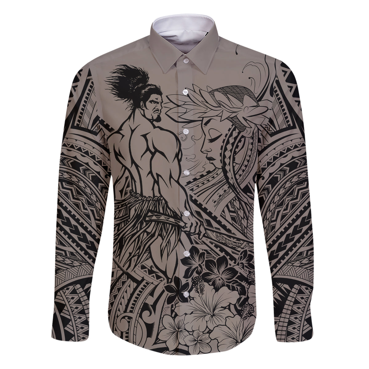 Beauty and The Warrior Polynesian Valentine Family Matching Short Sleeve Bodycon Dress and Hawaiian Shirt Hibiscus FLowers Brown Style LT9 Dad's Shirt - Long Sleeve Brown - Polynesian Pride