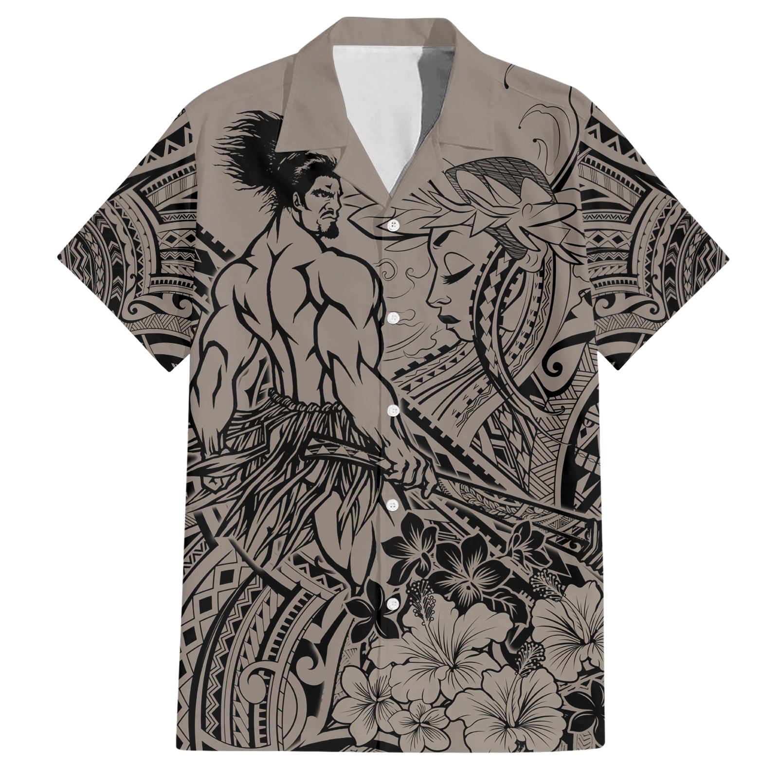 Beauty and The Warrior Polynesian Valentine Hawaiian Shirt Hibiscus FLowers Brown Style LT9 Brown - Polynesian Pride