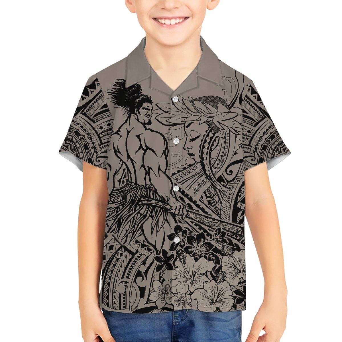 Beauty and The Warrior Polynesian Valentine Hawaiian Shirt Hibiscus FLowers Brown Style LT9 - Polynesian Pride